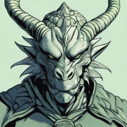 An illustration of a dragonborn's face in a frontal perspective