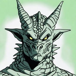 An illustration of a dragonborn's face in a frontal perspective