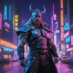 A painting in vibrant neon colors depicting a cyberpunk Viking. He is donned in futuristic Viking armor, standing against a background of neon-lit futuristic cityscape.