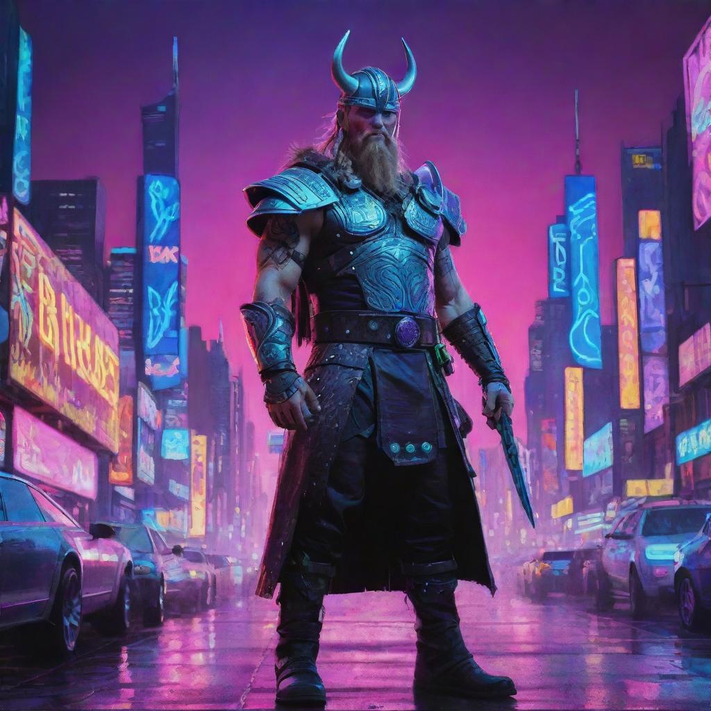 A painting in vibrant neon colors depicting a cyberpunk Viking. He is donned in futuristic Viking armor, standing against a background of neon-lit futuristic cityscape.