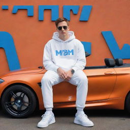 Create a 3D illusion of a hip 25-year-old male, wearing a white hoodie, sunglasses and sneakers, casually sitting on an orange BMW M Series car. The background features the name 'Hassan' in large, blue neon lettering on a wall adorned with the WhatsApp logo.