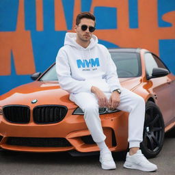 Create a 3D illusion of a hip 25-year-old male, wearing a white hoodie, sunglasses and sneakers, casually sitting on an orange BMW M Series car. The background features the name 'Hassan' in large, blue neon lettering on a wall adorned with the WhatsApp logo.