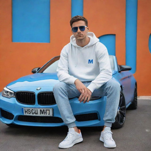 Create a 3D illusion of a hip 25-year-old male, wearing a white hoodie, sunglasses and sneakers, casually sitting on an orange BMW M Series car. The background features the name 'Hassan' in large, blue neon lettering on a wall adorned with the WhatsApp logo.