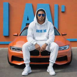 Create a 3D illusion of a hip 25-year-old male, wearing a white hoodie, sunglasses and sneakers, casually sitting on an orange BMW M Series car. The background features the name 'Hassan' in large, blue neon lettering on a wall adorned with the WhatsApp logo.