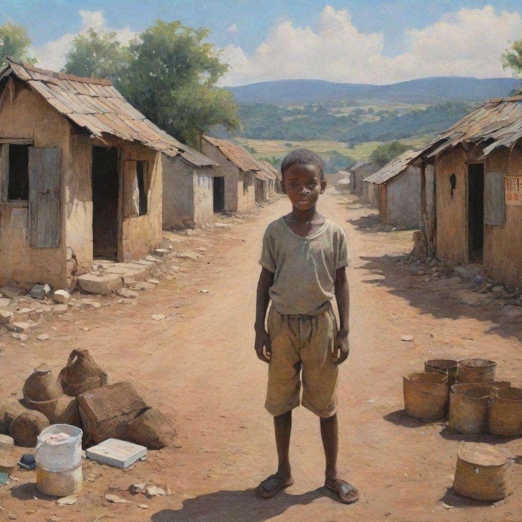 A scenic painting of a young boy named Samuel in a humble, small village, surrounded by signs of poverty and hardship indicating the challenges he faced during his early life.