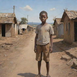 A scenic painting of a young boy named Samuel in a humble, small village, surrounded by signs of poverty and hardship indicating the challenges he faced during his early life.