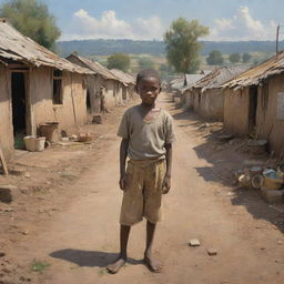 A scenic painting of a young boy named Samuel in a humble, small village, surrounded by signs of poverty and hardship indicating the challenges he faced during his early life.