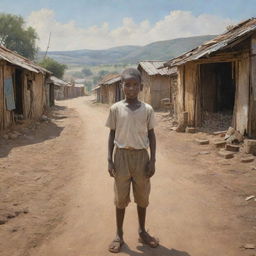 A scenic painting of a young boy named Samuel in a humble, small village, surrounded by signs of poverty and hardship indicating the challenges he faced during his early life.