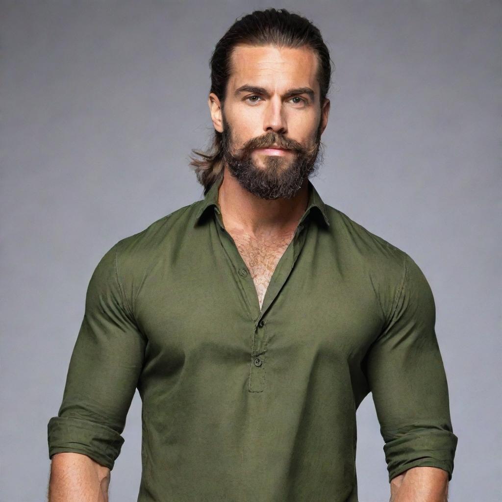 Generate a high-quality image of a muscular person with long hair tied back, wearing an olive blouse and sporting a beautiful beard.