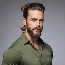 Generate a high-quality image of a muscular person with long hair tied back, wearing an olive blouse and sporting a beautiful beard.