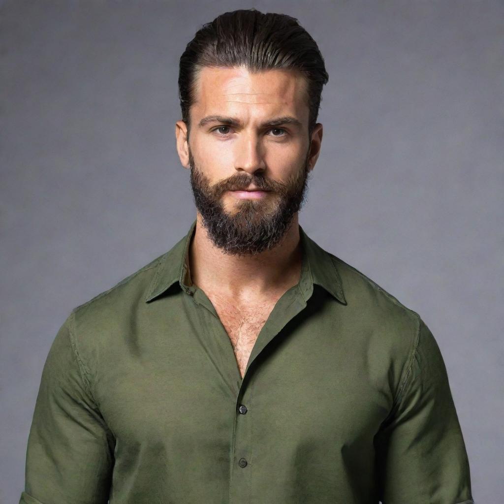 Generate a high-quality image of a muscular person with long hair tied back, wearing an olive blouse and sporting a beautiful beard.