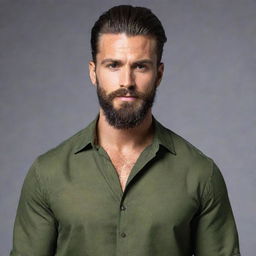 Generate a high-quality image of a muscular person with long hair tied back, wearing an olive blouse and sporting a beautiful beard.