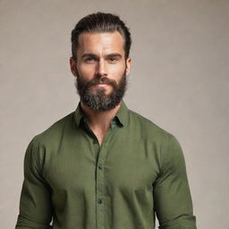 Generate a high-quality image of a muscular person with long hair tied back, wearing an olive blouse and sporting a beautiful beard.