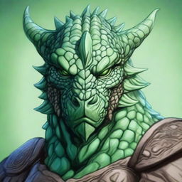 A high-quality digital art portrait of a dragonborn with pale green scales