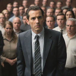 Depict a man named Samuel surrounded by skeptical spectators. He's standing in a business environment, looking determined, while others around him wear expressions of doubt.