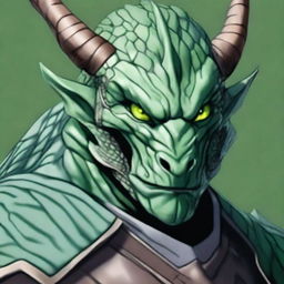 A high-quality digital art portrait of a dragonborn with pale green scales