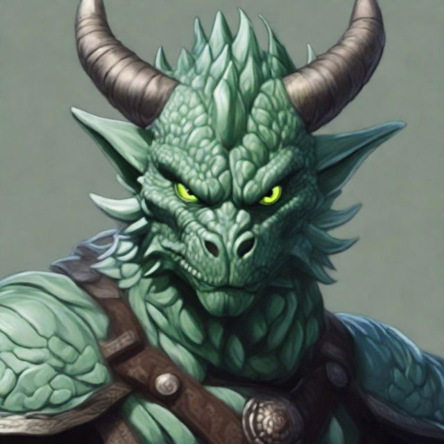 A high-quality digital art portrait of a dragonborn with pale green scales