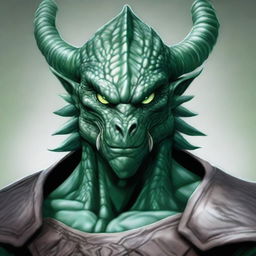 A high-quality digital art portrait of a dragonborn with pale green scales