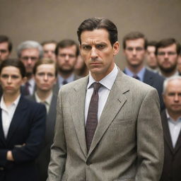 Depict a man named Samuel surrounded by skeptical spectators. He's standing in a business environment, looking determined, while others around him wear expressions of doubt.