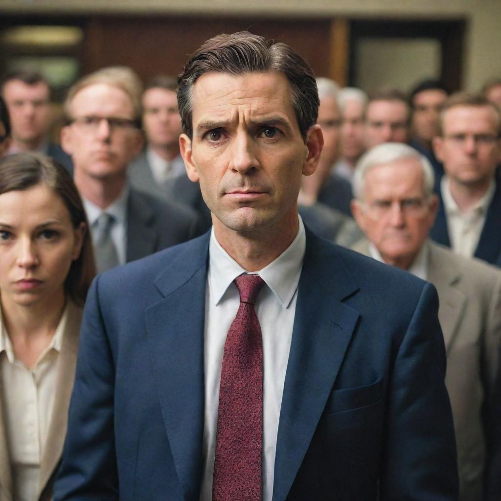 Depict a man named Samuel surrounded by skeptical spectators. He's standing in a business environment, looking determined, while others around him wear expressions of doubt.