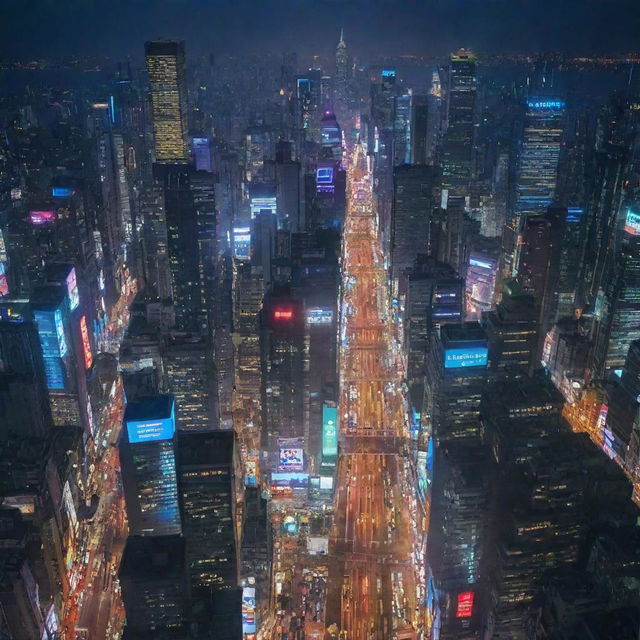 A sprawling metropolis teeming with life, showcasing towering skyscrapers, bustling streets, colorful billboards, and vibrant night lights.