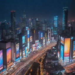 A sprawling metropolis teeming with life, showcasing towering skyscrapers, bustling streets, colorful billboards, and vibrant night lights.