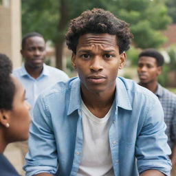 Depict a young man named Samuel being doubted by community members in a social setting, their expressions radiating skepticism about his potential to succeed in a competitive business landscape