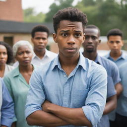 Depict a young man named Samuel being doubted by community members in a social setting, their expressions radiating skepticism about his potential to succeed in a competitive business landscape