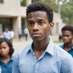 Depict a young man named Samuel being doubted by community members in a social setting, their expressions radiating skepticism about his potential to succeed in a competitive business landscape