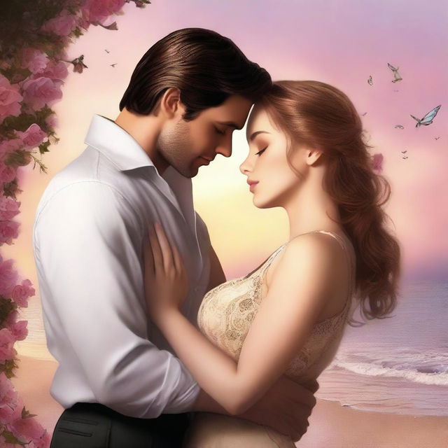 A high-quality digital art image illustrating the cover of a romance novel