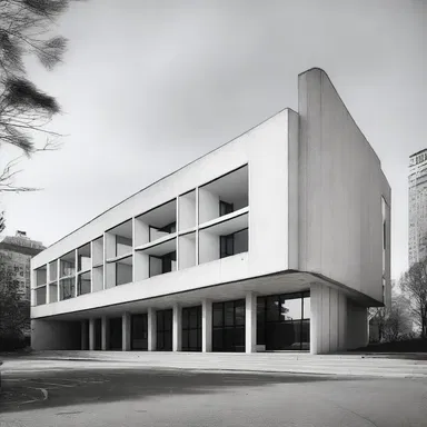 The modernist building's disconnection from its surroundings highlights its unique design.