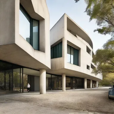 The modernist building's disconnection from its surroundings highlights its unique design.