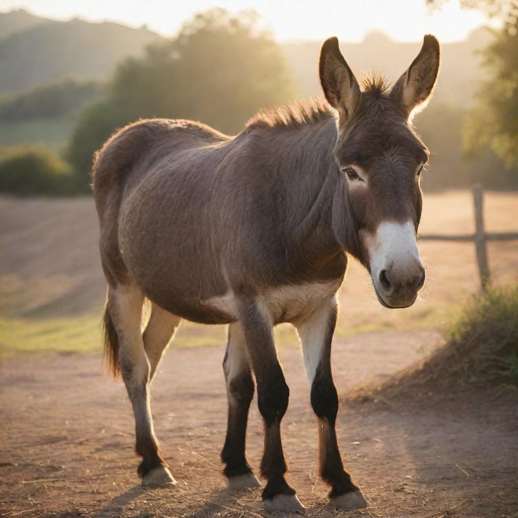 A realistic image of a donkey in a rural setting, with soft sunlight streaming down.