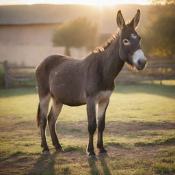 A realistic image of a donkey in a rural setting, with soft sunlight streaming down.