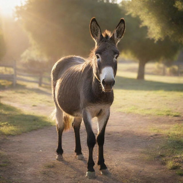 A realistic image of a donkey in a rural setting, with soft sunlight streaming down.