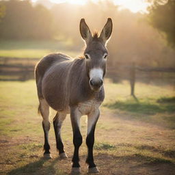 A realistic image of a donkey in a rural setting, with soft sunlight streaming down.