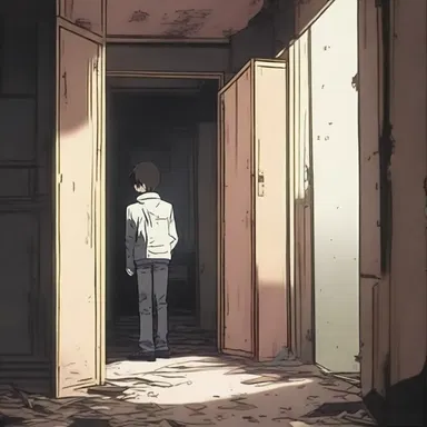 The protagonist stumbles upon a hidden covert while exploring the abandoned building in the anime series.
