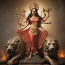 A powerful image of the goddess Durga, in her majestic traditional attire, firmly trampling a subdued demon under her foot, against a mystical backdrop.