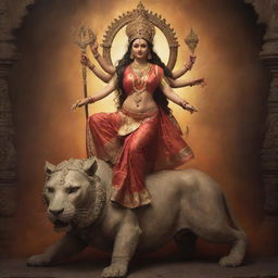 A powerful image of the goddess Durga, in her majestic traditional attire, firmly trampling a subdued demon under her foot, against a mystical backdrop.