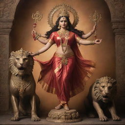 A powerful image of the goddess Durga, in her majestic traditional attire, firmly trampling a subdued demon under her foot, against a mystical backdrop.