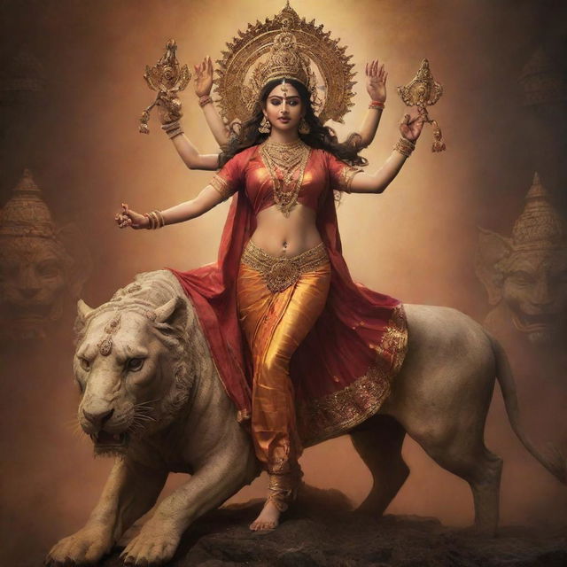 A powerful image of the goddess Durga, in her majestic traditional attire, firmly trampling a subdued demon under her foot, against a mystical backdrop.