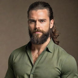 A muscular person with long hair tied back and a beautifully groomed beard. They are wearing a high-quality olive blouse.