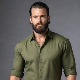 A muscular person with long hair tied back and a beautifully groomed beard. They are wearing a high-quality olive blouse.