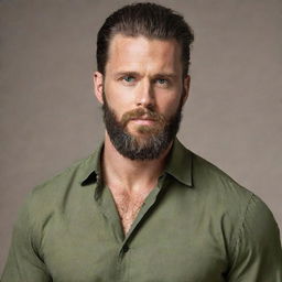 A muscular person with long hair tied back and a beautifully groomed beard. They are wearing a high-quality olive blouse.