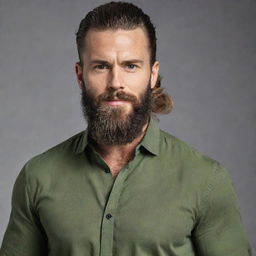 A muscular person with long hair tied back and a beautifully groomed beard. They are wearing a high-quality olive blouse.