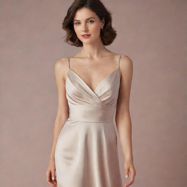 An elegant satin dress with a beautifully detailed neckline in a soft, glowing light.