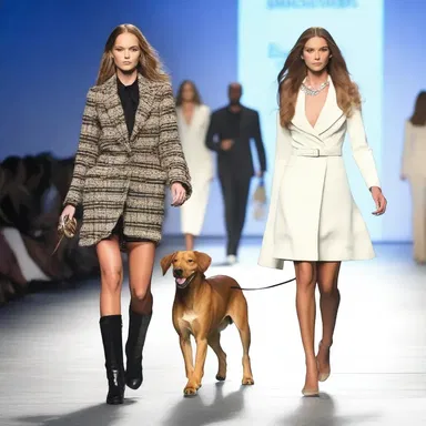 The fashion show featured models walking down the runway with their pet hounds, showcasing the perfect combination of elegance and style.