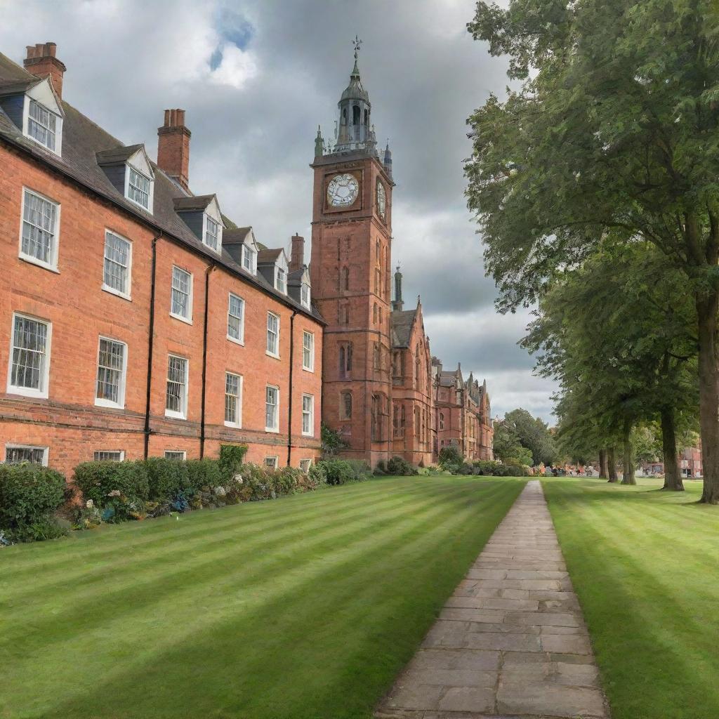 Classic UK university campus charm with lush green lawns, historic red brick buildings, cobblestone paths, and a clock tower under a cloudy British sky