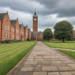 Classic UK university campus charm with lush green lawns, historic red brick buildings, cobblestone paths, and a clock tower under a cloudy British sky