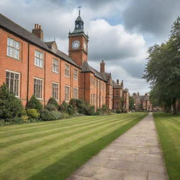 Classic UK university campus charm with lush green lawns, historic red brick buildings, cobblestone paths, and a clock tower under a cloudy British sky